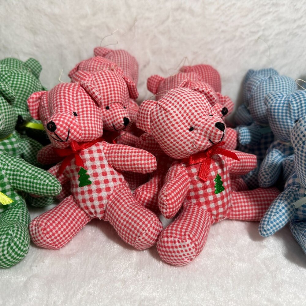Set Of 24 Vintage Gingham Christmas Teddy Bear Ornaments Ribbon Bow & Embroidery - Picture 5 of 9